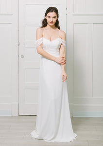 Lavictoire Solange wedding dress front with off the shoulder lace strap