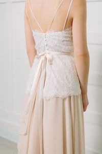 Lavictoire Thetis top wedding dress back lace over Thetis skirt with light nude belt